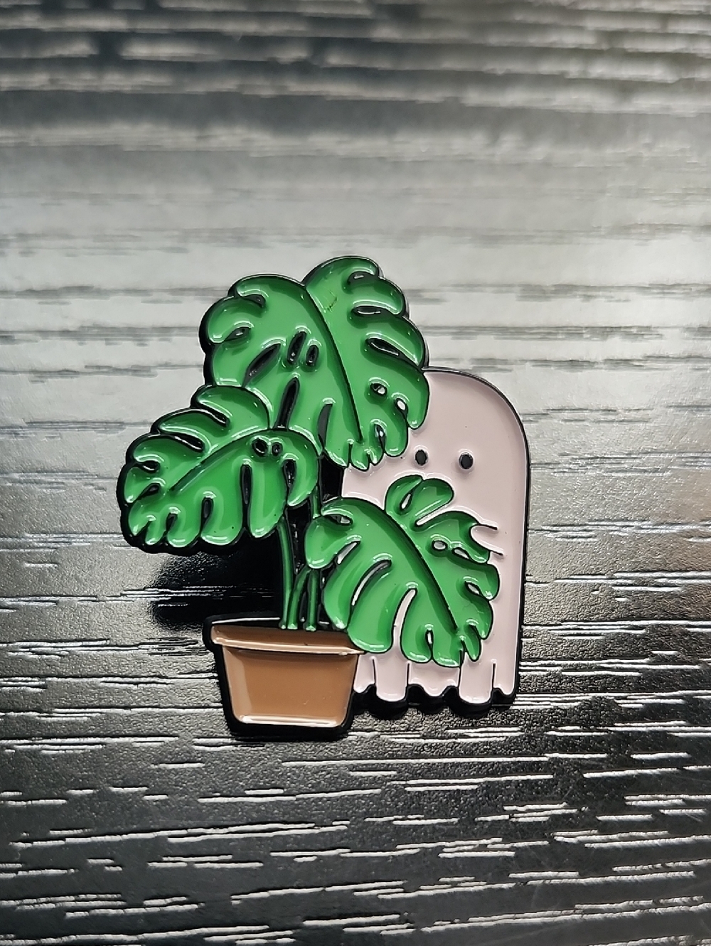 Green Monstera Plant & Pink Ghost Enamel Pin